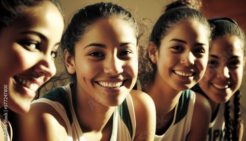 Group of Diverse and Empowered Hispanic Youth Female High School Students Working Together in Basketball : Power of Collaboration in Clubs, Sports Teams (generative AI) © Get Stock