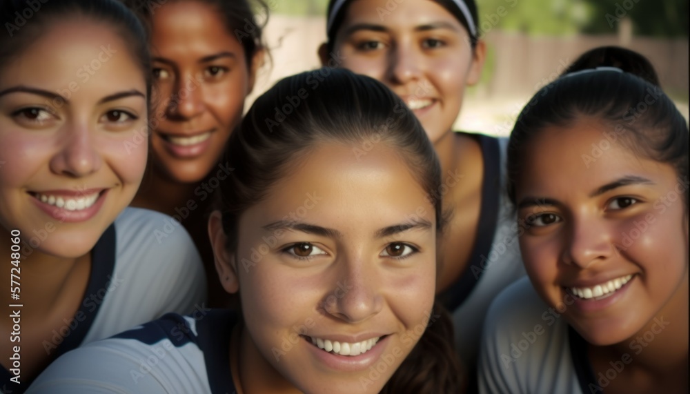 Group of Diverse and Empowered Hispanic Youth Female High School Students Working Together in Football : Power of Collaboration in Clubs, Sports Teams (generative AI)