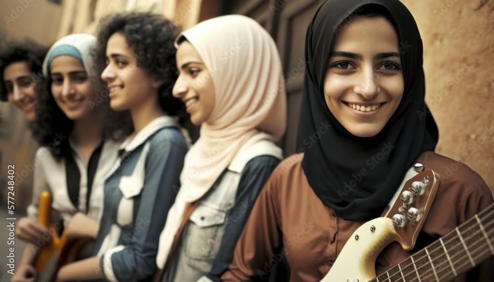 Fototapeta premium Group of Diverse and Empowered Middle Eastern Youth Female High School Students Working Together in Band : Power of Collaboration in Clubs, Sports Teams (generative AI)