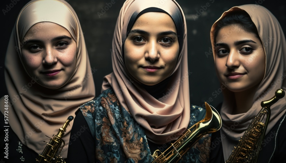 Group of Diverse and Empowered Middle Eastern Youth Female High School Students Working Together in Band : Power of Collaboration in Clubs, Sports Teams (generative AI) Group of Diverse and Empowered Middle Eastern Youth Female High School Students Working Together in Band : Power of Collaboration in Clubs, Sports Teams (generative AI)