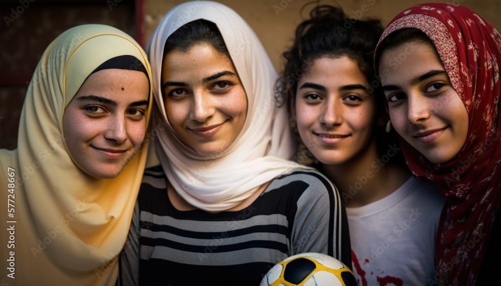 Group of Diverse and Empowered Middle Eastern Youth Female High School Students Working Together in Football : Power of Collaboration in Clubs, Sports Teams (generative AI) Group of Diverse and Empowered Middle Eastern Youth Female High School Students Working Together in Football : Power of Collaboration in Clubs, Sports Teams (generative AI)