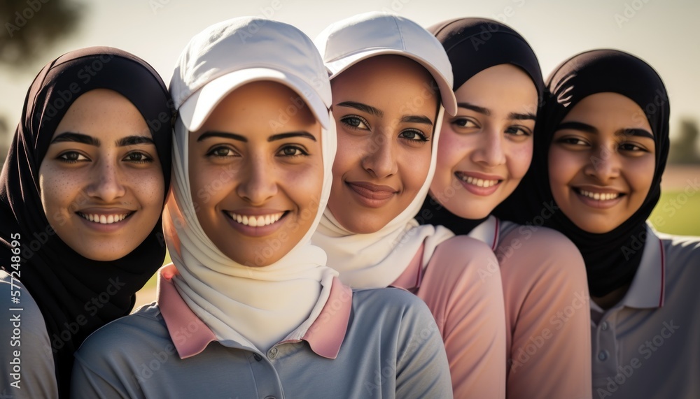 Group of Diverse and Empowered Middle Eastern Youth Female High School Students Working Together in Golf : Power of Collaboration in Clubs, Sports Teams (generative AI) Group of Diverse and Empowered Middle Eastern Youth Female High School Students Working Together in Golf : Power of Collaboration in Clubs, Sports Teams (generative AI)