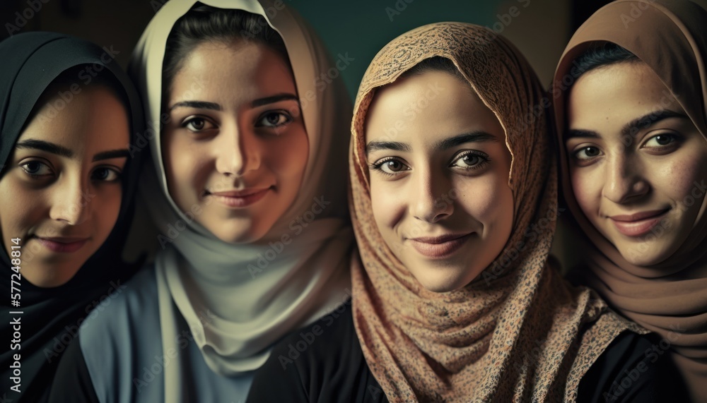 Group of Diverse and Empowered Middle Eastern Youth Female High School Students Working Together in Math Club : Power of Collaboration in Clubs, Sports Teams (generative AI) Group of Diverse and Empowered Middle Eastern Youth Female High School Students Working Together in Math Club : Power of Collaboration in Clubs, Sports Teams (generative AI)