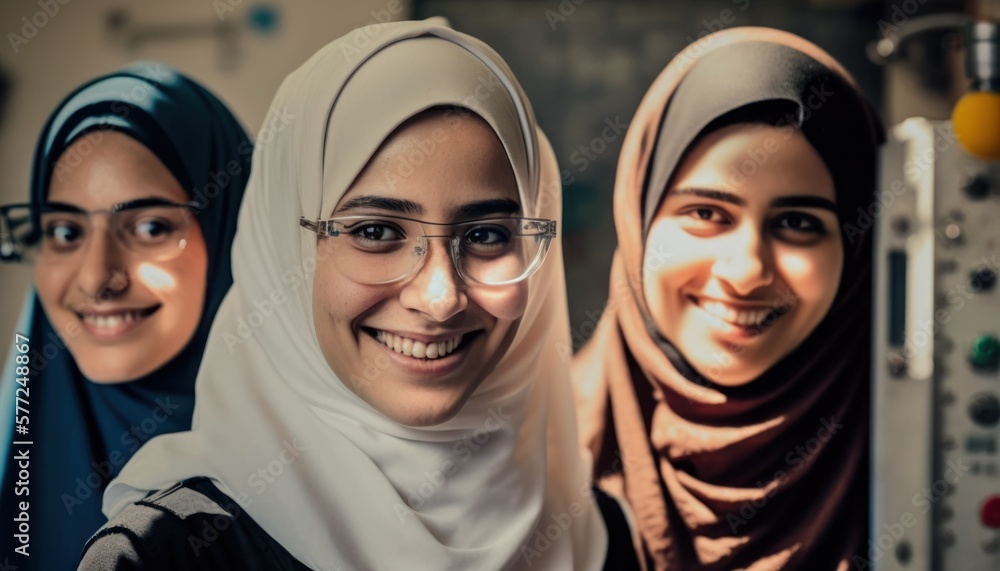 Group of Diverse and Empowered Middle Eastern Youth Female High School Students Working Together in Science Club : Power of Collaboration in Clubs, Sports Teams (generative AI) Group of Diverse and Empowered Middle Eastern Youth Female High School Students Working Together in Science Club : Power of Collaboration in Clubs, Sports Teams (generative AI)