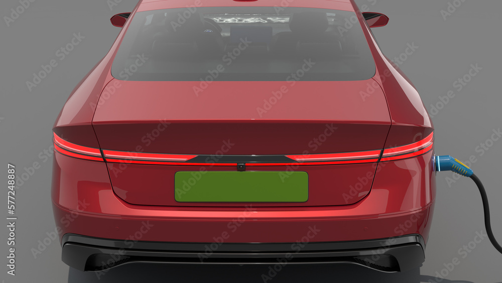 Red Electric car with charger rapid charger 3D CGI solid BG futuristic Generic Electric Car realistic parked car green energy solar Red Electric car with charger rapid charger 3D CGI solid BG futuristic Generic Electric Car realistic parked car green energy solar