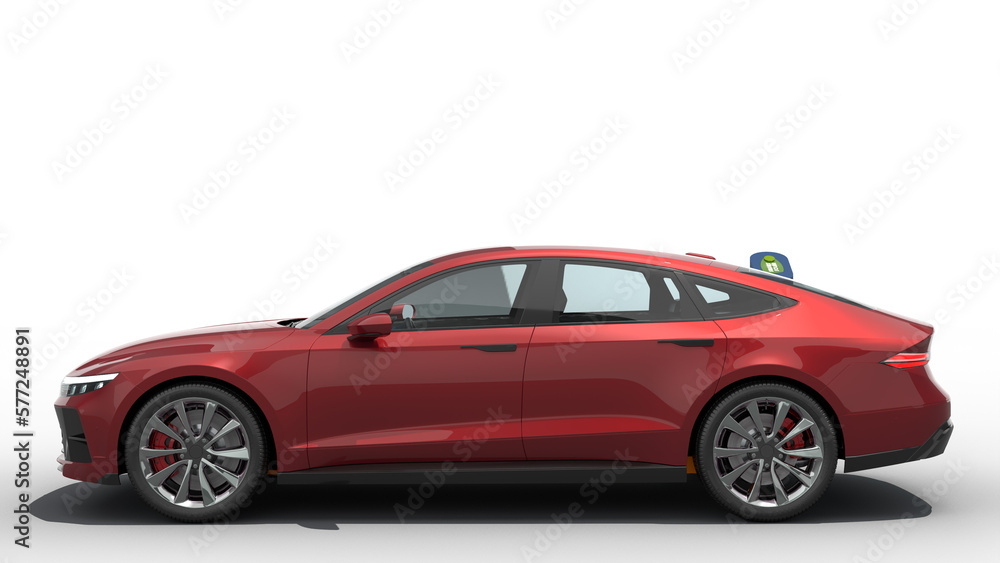 Red Electric car with charger rapid charger 3D CGI solid BG futuristic Generic Electric Car realistic parked car green energy solar