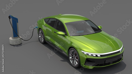 Green Electric car with charger rapid charger 3D CGI solid BG futuristic Generic Electric Car realistic parked car green energy