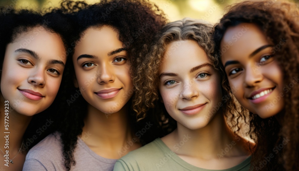 Obraz premium Group of Diverse and Empowered Multiracial Youth Female High School Students Working Together in Diversity and Inclusion Club : Power of Collaboration in Clubs, Sports Teams (generative AI)