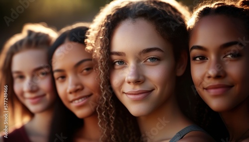 Group of Diverse and Empowered Multiracial Youth Female High School Students Working Together in National Honor Society : Power of Collaboration in Clubs, Sports Teams (generative AI)