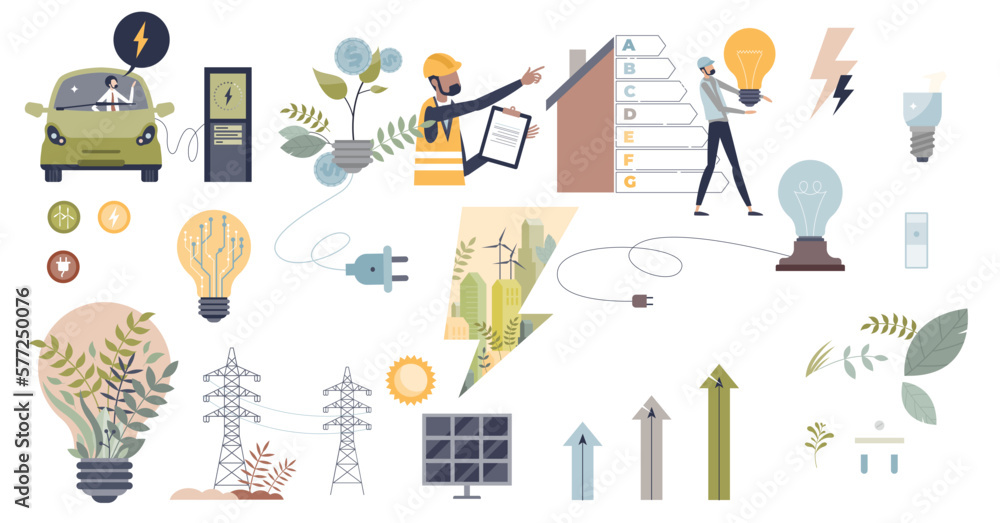 Electricity set as green power or sustainable source tiny person collection, transparent background. Elements with green environmental energy with solar and wind batteries illustration.