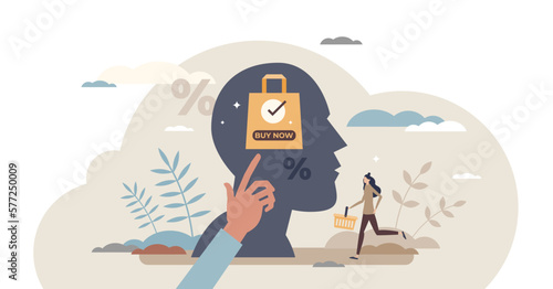 Consumerism and shopping lifestyle with idea to buy more and now tiny person concept, transparent background. Retail sale addiction and thinking about discounts and offers illustration.