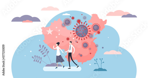 Corona virus outbreak concept, flat tiny person illustration, transparent background. Dangerous disease infection spread between people in asia. Medical virology alert and world health awareness.