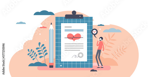 Diagnosis from patient body checkup for health examination tiny person concept, transparent background. Medical statement after heart research by doctor in hospital or clinic illustration.