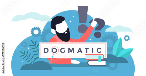 Dogmatic illustration, transparent background. Flat tiny absolute true faith persons concept. Personality mindset with word confidence and steadfast opinion.