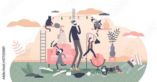Fatherhood parenting scene with chaos and confused male in front of disobedient children tiny person concept, transparent background. Helpless husband pressure from kids parenting illustration.