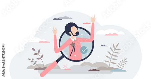 Finding talent with best unique and professional skills tiny person concept, transparent background.HR agency work with top leader searching illustration.