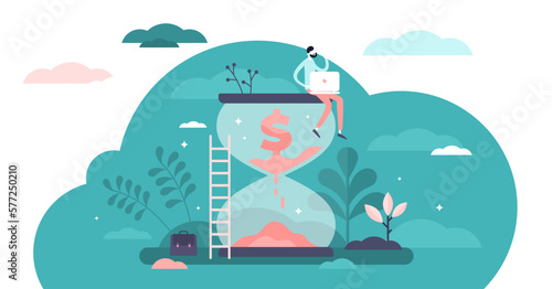 Money management business concept, flat tiny person illustration, transparent background. Time ticking and spending company funds process. Startup financial milestone planning and commerce strategy.