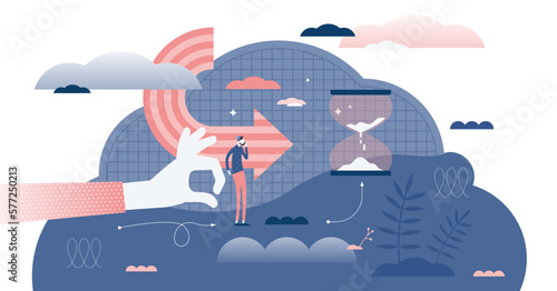 Motivational push concept, flat tiny person illustration, transparent background. Hesitation and thinking before making the right choice for the next big step.