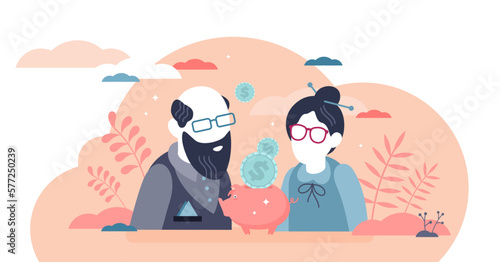 Pension funds as stable financial retirement money income flat tiny person concept, transparent background. Superannuation economy plan to make savings and deposit resources.