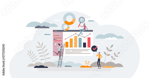 People analytics with statistics about person performance tiny person concept, transparent background. Social chart and graph measurement research about population information illustration.