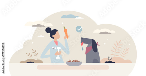Pet nutritionist as animal food control specialist tiny person concept, transparent background. Pet nutrition and supplement professional care for balanced diet and weight loss illustration.