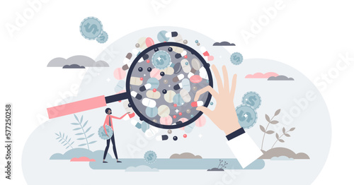 Pharmacology and heath care drugs development business tiny person concept, transparent background. Pharma industry with treatment and therapy pills research for illness and disease illustration.
