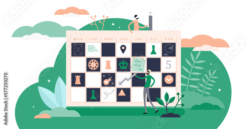 Planning illustration, transparent background. Monthly schedule in flat tiny persons concept. Business productivity with plan board. Time management with calendar chart.