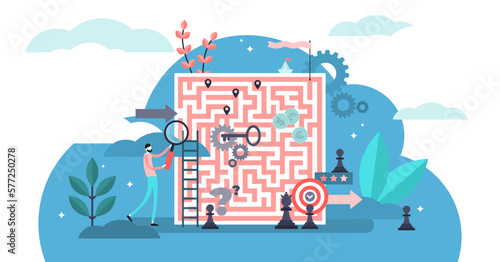 Problem solving illustration, transparent background. Flat tiny solution finding persons concept. Equation analysis and right path research and development.