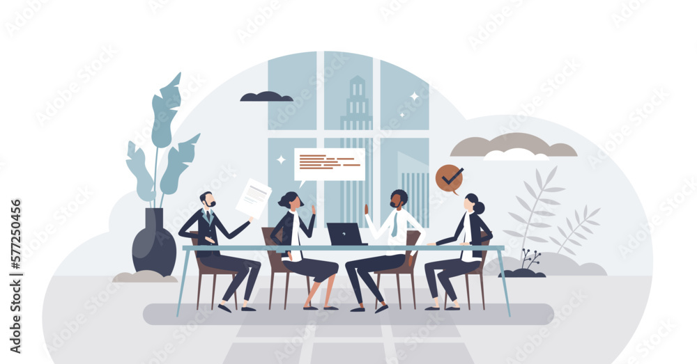 Board of directors in office with CEO business leaders tiny person concept, transparent background. Meeting with company executive and colleagues illustration.