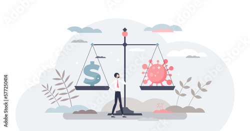 Virus versus economy as pandemic financial crisis choice tiny person concept, transparent background. Scale measurement with health and money on weights illustration.