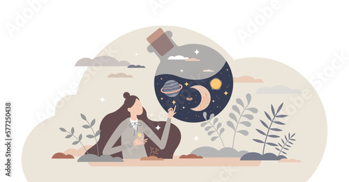 Aspiration for path direction exploration and find vision tiny person concept, transparent background. Stars in bottle as future vision or look in fantasy to search for right answers illustration.
