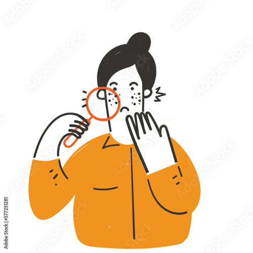 hand drawn doodle woman looking acne on skin face with magnifying glass illustration vector