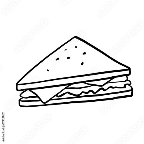 Sandwich illustration in doodle style. Outline food illustration. Line fastfood sketch isolated on white