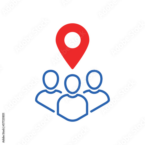 team meeting location place with geoloc icon. flat outline trend modern crowd logotype graphic stroke design web element isolated on white. concept of real estate company symbol or public space badge