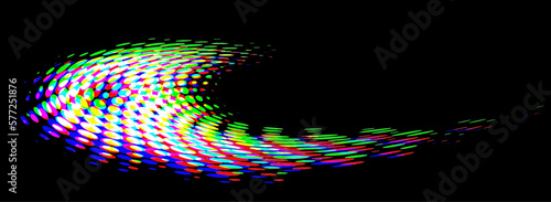 Perforated halftone iridescent dotted or polka dot rounded frame with CMYK color shift or glitch on black. Swirl of colored dots with complete disappearance. Lining  changes  color scheme. Vector.
