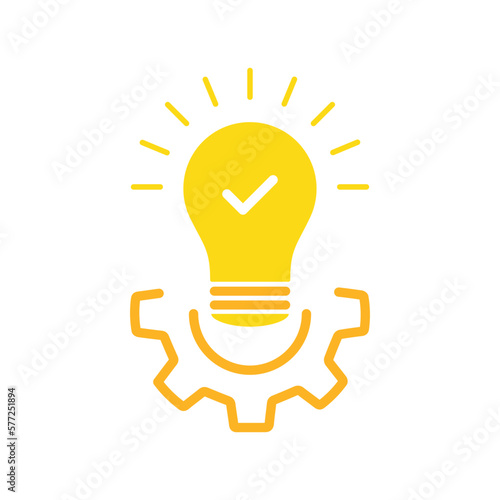 effective solution icon yellow gear and bulb. concept of abstract tech done efficacy symbol. flat cartoon trend modern simple cogwheel logotype design web element isolated on white background