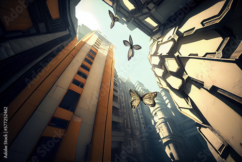 a digital artwork of butterflies fly between buildings high angle shot photo