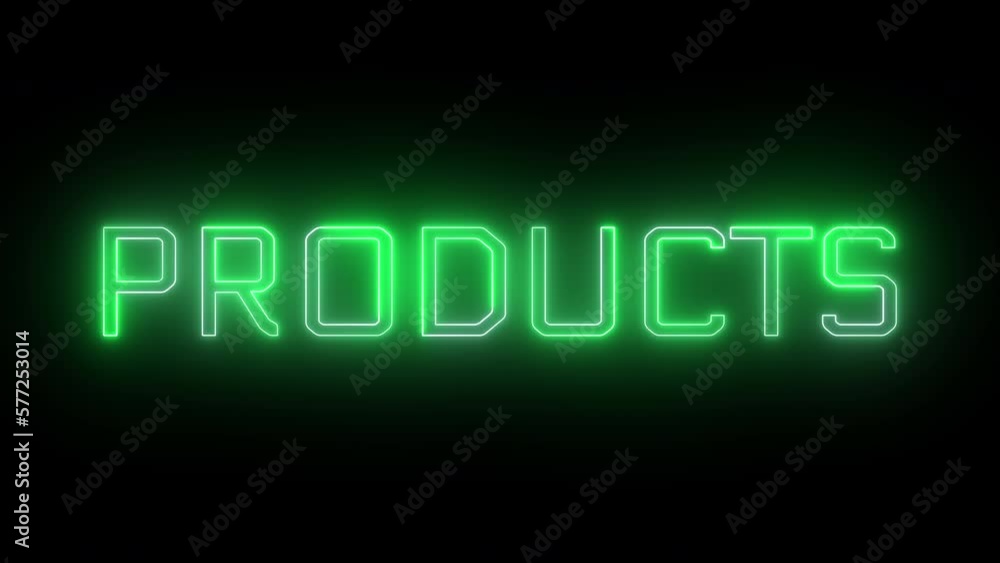 Bright neon glowing green products sign animation on black background. Bright neon glowing green products sign animation on black background.