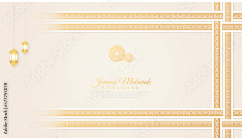 Jumma Mubarak Islamic Ornamental Arabic White Greek Border Background with Geometric pattern and Ornament
