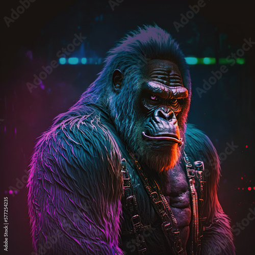 Photoshoot cinematic of full size ape with neon style