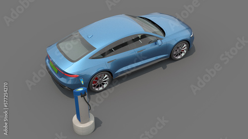 Blue Electric car with charger rapid charger 3D CGI solid BG futuristic Generic Electric Car realistic parked car green energy