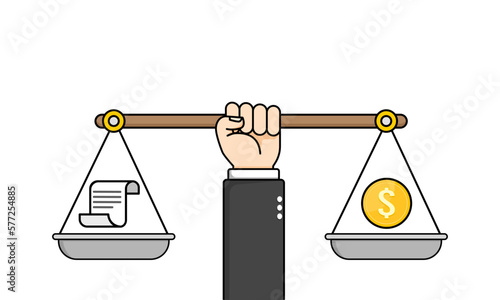 The asymmetry of the scales. The injustice between the law and the power of money. Vector illustration.