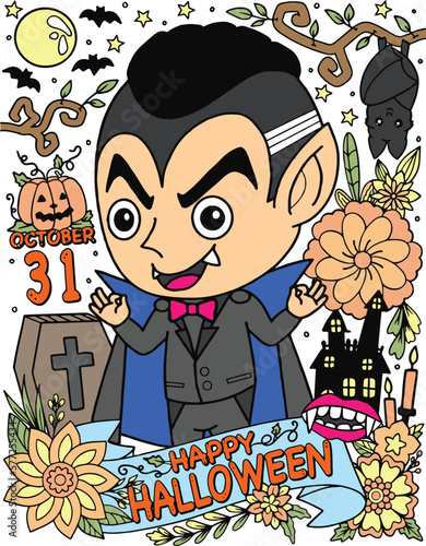 Dracula cartoon and Halloween day elements, pumpkin, bats, and flower decoration. Hand-drawn lines. Doodles art for greeting cards, invitation, or poster. Coloring book for adults and kids.
