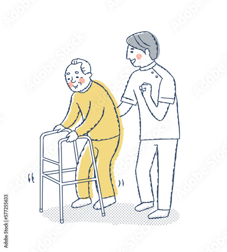 歩行器を使って歩くシニア男性と介助する男性