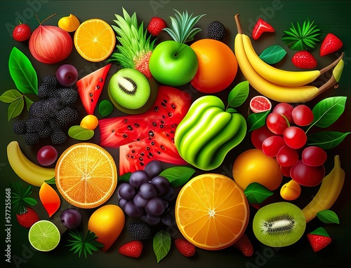 Fruits and vegetables combine healthy foods in top view with vintage scenes. AI-generated images