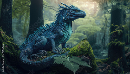 Blue ancient forest dragon statue sitting on top of a lush green forest. Postproducted generative AI. digital illustration   © Assyifa Sisters