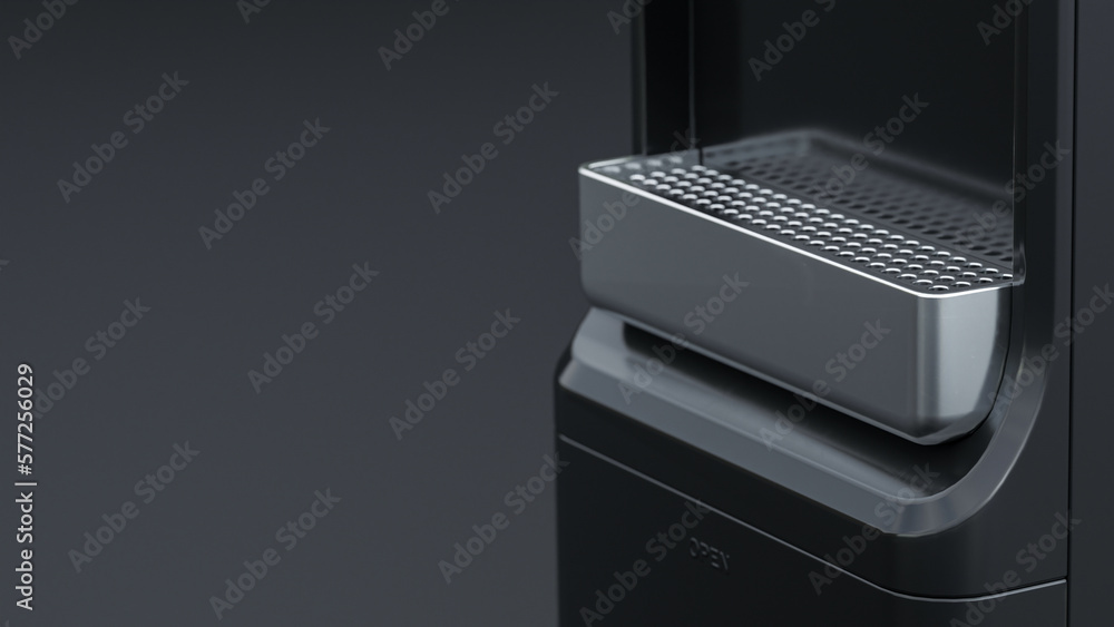 Closeup view chrome water dispenser tray on the black background premium photo 3d render Closeup view chrome water dispenser tray on the black background premium photo 3d render