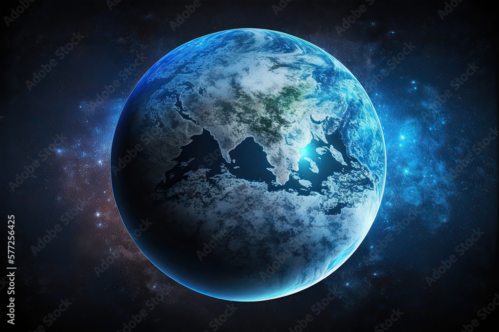 Obraz premium Planet earth in space, blue background, Earth day, blue planet, cosmic view, generative ai, galaxy, 
