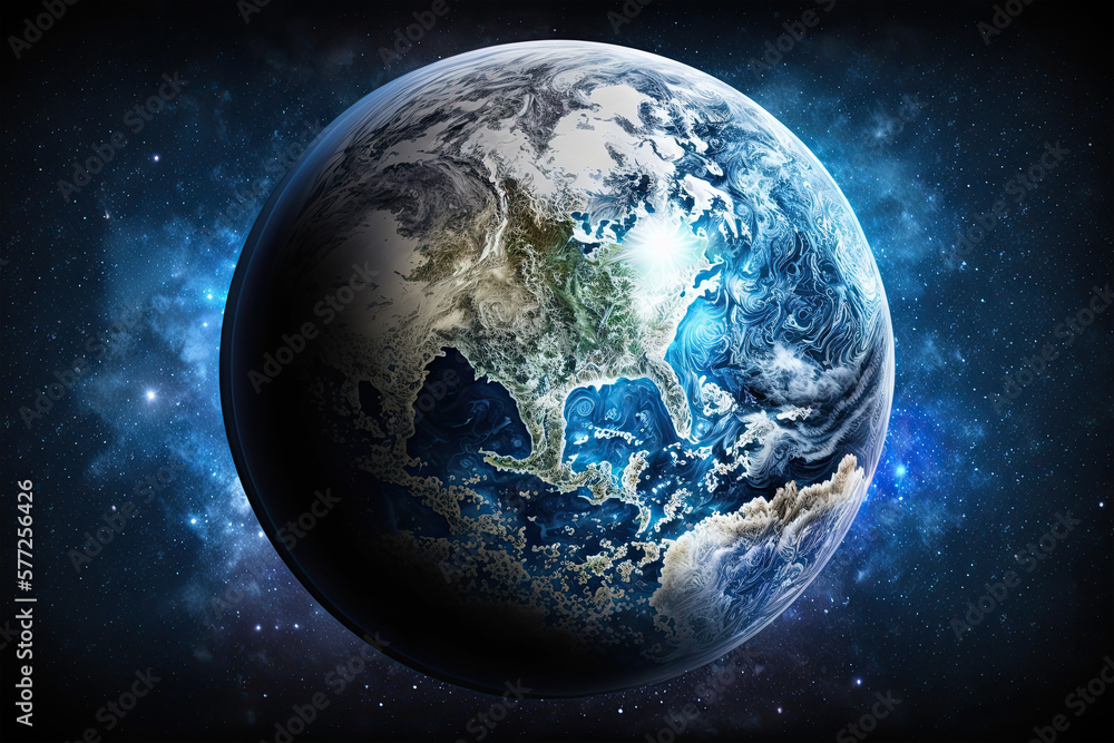 Fototapeta premium Planet earth in space, blue background, Earth day, blue planet, cosmic view, generative ai, galaxy, 