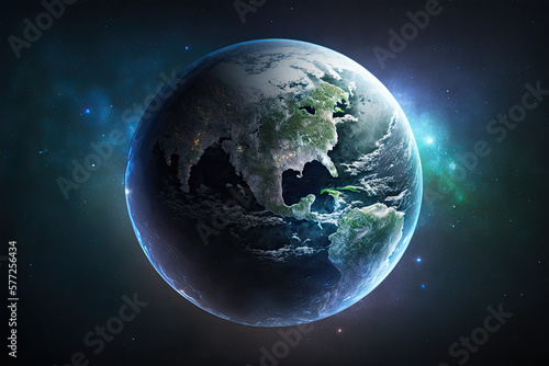 Planet earth in space, blue background, Earth day, blue planet, cosmic view, generative ai, galaxy, 